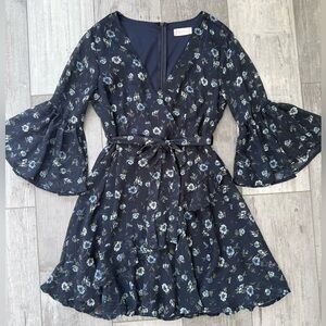 Altar’d State Riva Floral Mini Dress Navy Bell Sleeve Ruffle Boho Small